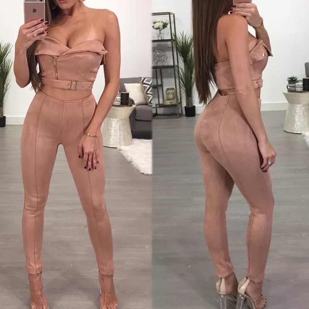 🔴 2 Piece/Two Piece Pink Suede Zip